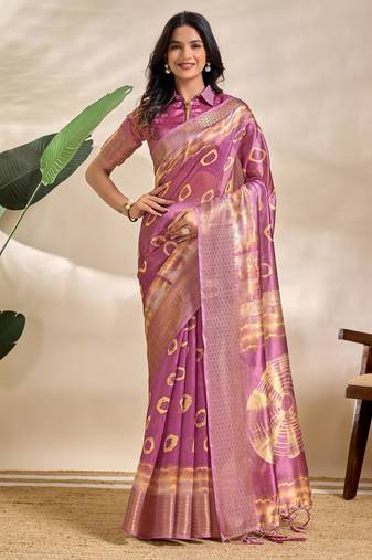 Baby pink printed art silk designer pallu saree
