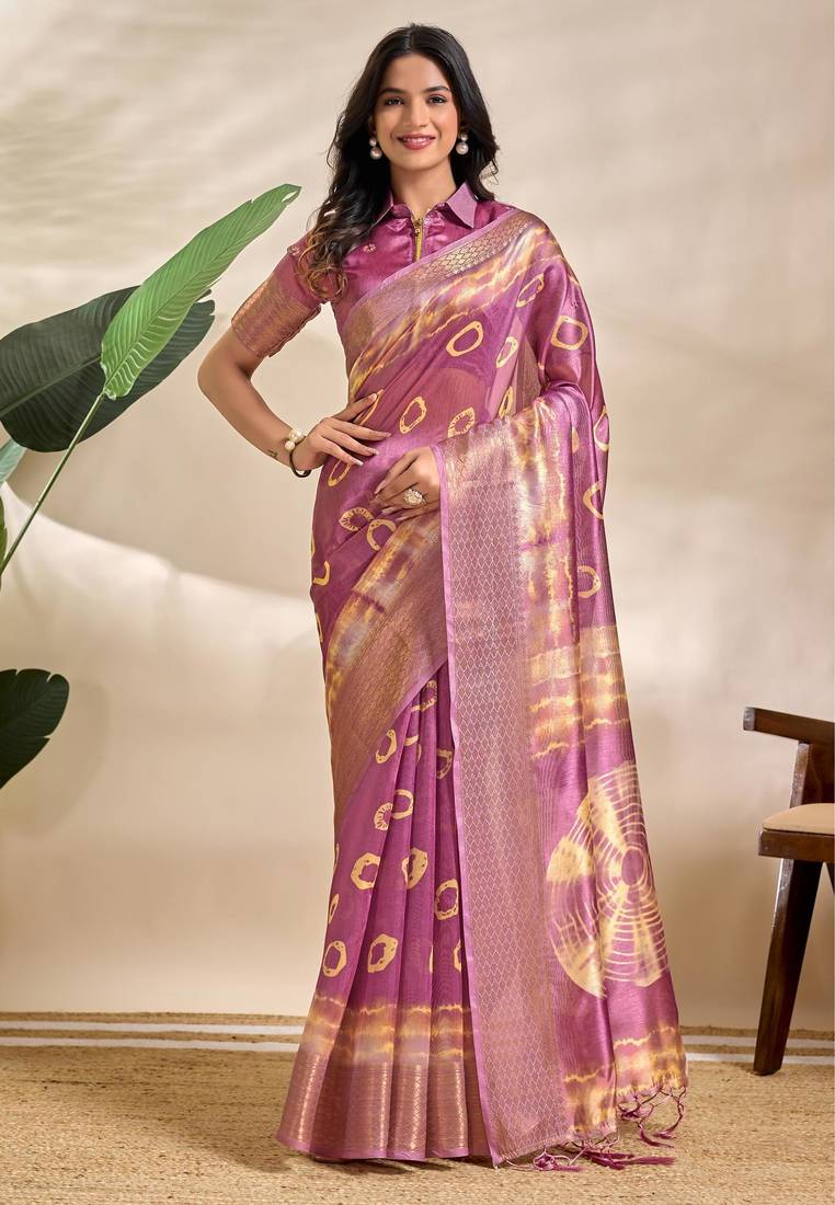 Baby pink printed art silk designer pallu saree