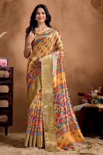 Yellow printed art silk designer pallu saree