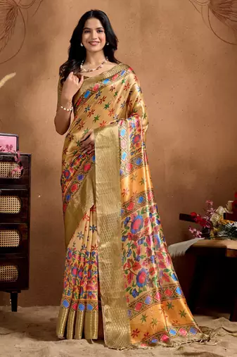 Yellow printed art silk designer pallu saree