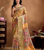 Yellow printed art silk designer pallu saree