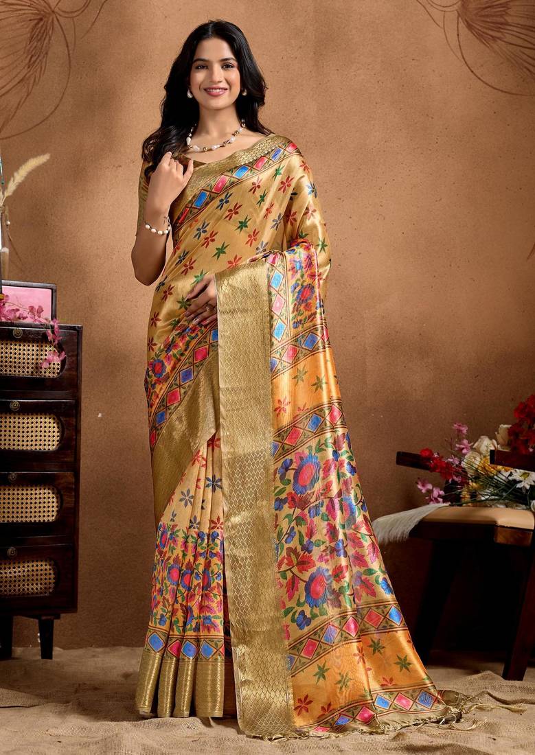 Yellow printed art silk designer pallu saree