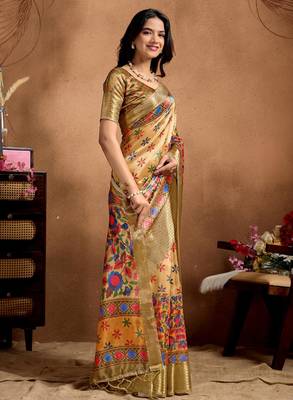 Yellow printed art silk designer pallu saree 2