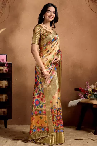 Yellow printed art silk designer pallu saree