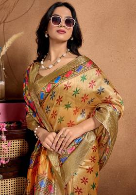 Yellow printed art silk designer pallu saree 4