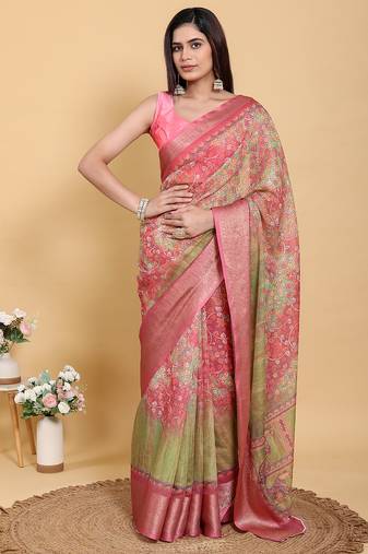Peach printed art silk designer pallu saree