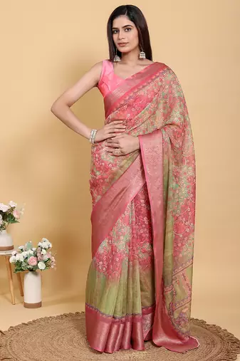 Peach printed art silk designer pallu saree