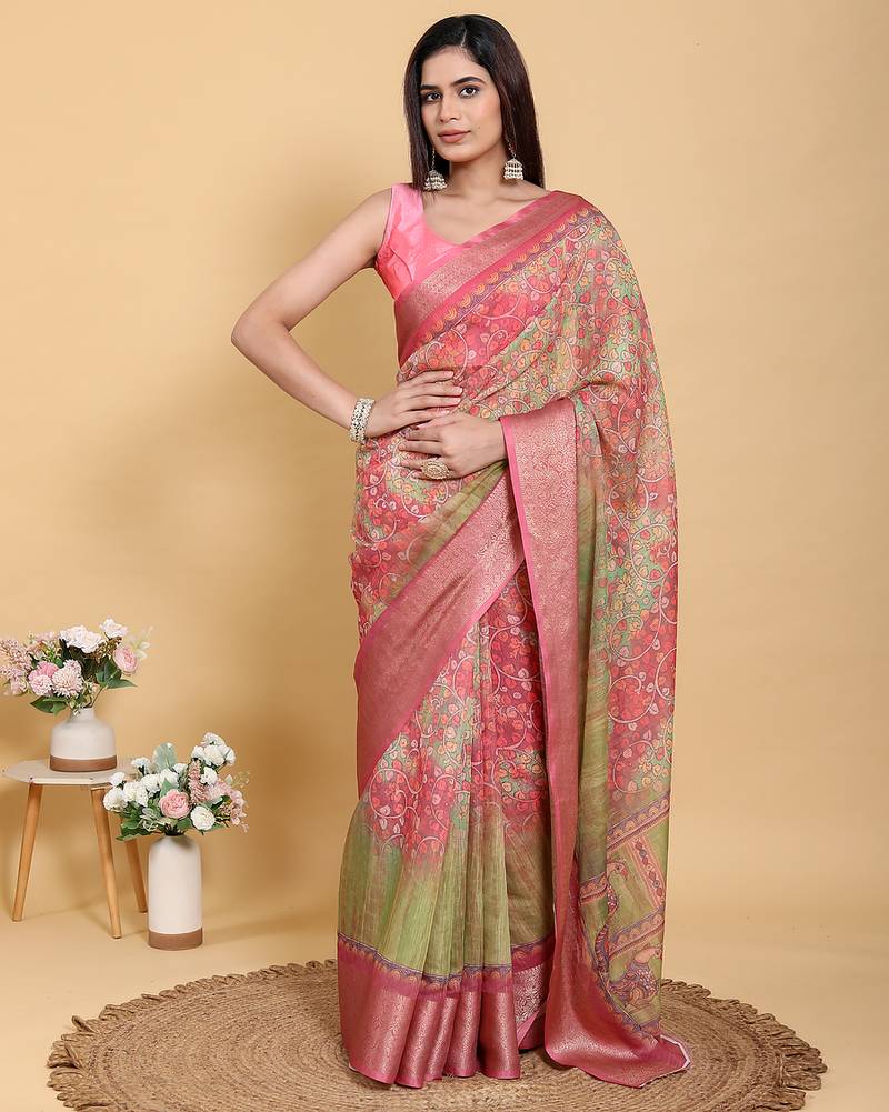 Peach printed art silk designer pallu saree