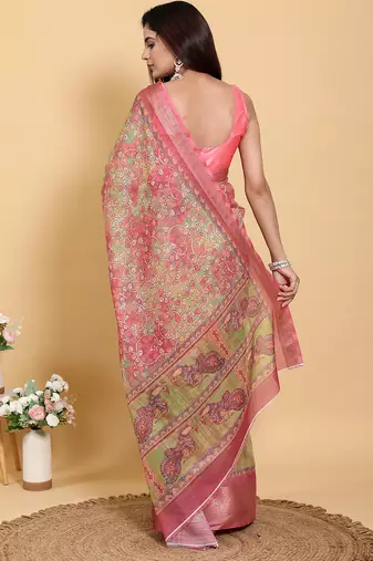 Peach printed art silk designer pallu saree
