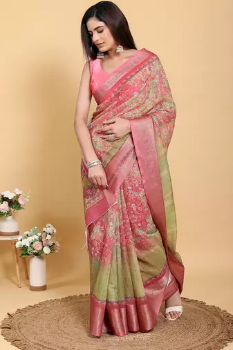 Peach printed art silk designer pallu saree