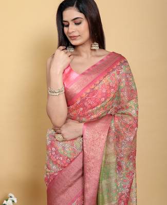 Peach printed art silk designer pallu saree 5