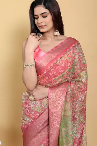 Peach printed art silk designer pallu saree