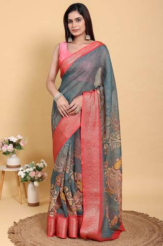 Grey printed art silk designer pallu saree