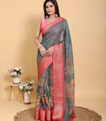 Grey printed art silk designer pallu saree
