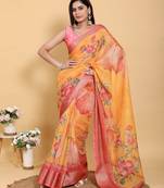 Orange printed art silk designer pallu saree