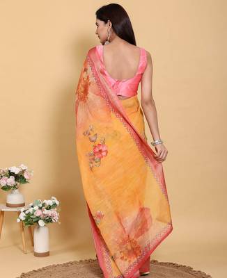 Orange printed art silk designer pallu saree 3