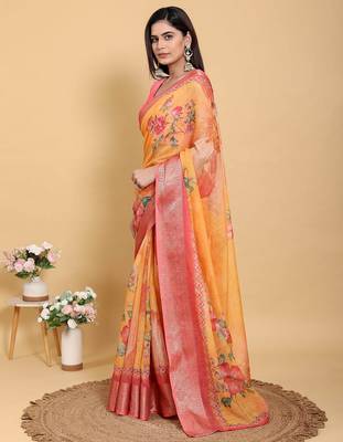 Orange printed art silk designer pallu saree 4