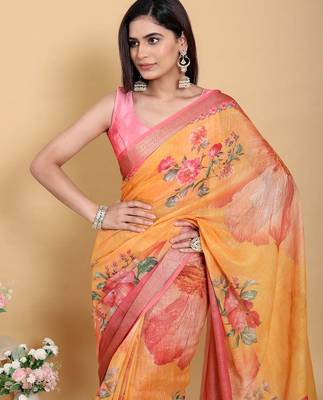 Orange printed art silk designer pallu saree 5