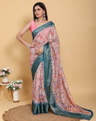 Peach printed art silk designer pallu saree 1