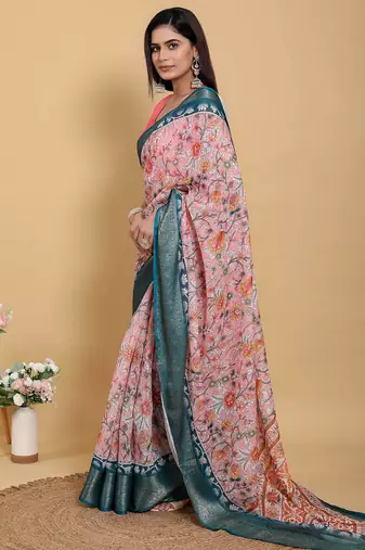 Peach printed art silk designer pallu saree