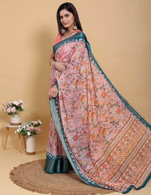 Peach printed art silk designer pallu saree 4