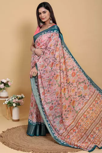 Peach printed art silk designer pallu saree