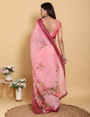 Baby pink printed art silk designer pallu saree 3