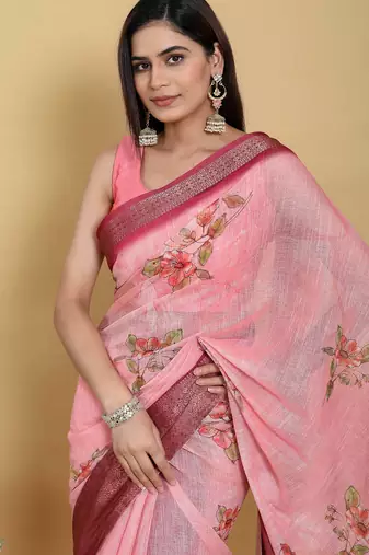 Baby pink printed art silk designer pallu saree