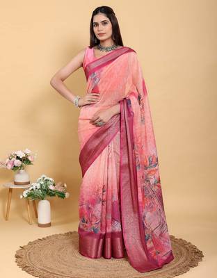 Peach printed art silk designer pallu saree 1