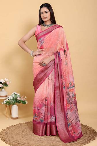 Peach printed art silk designer pallu saree