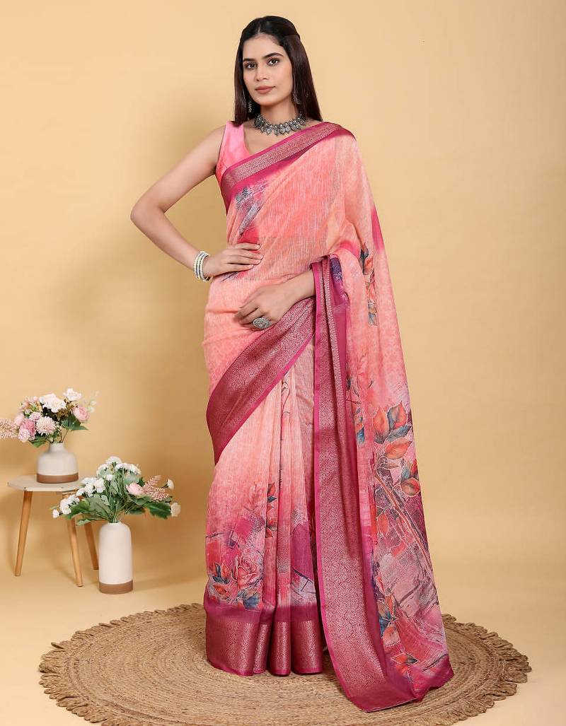 Peach printed art silk designer pallu saree