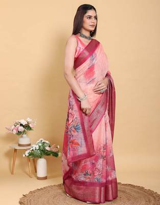 Peach printed art silk designer pallu saree 4