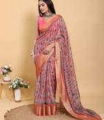 Baby pink printed art silk designer pallu saree
