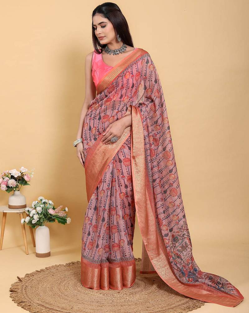 Baby pink printed art silk designer pallu saree