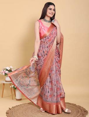 Baby pink printed art silk designer pallu saree 4