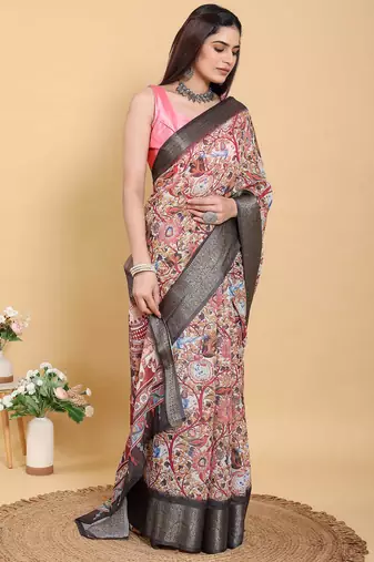 Multicolor printed art silk designer pallu saree