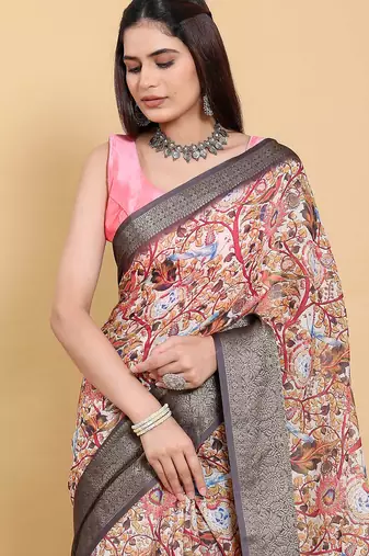 Multicolor printed art silk designer pallu saree