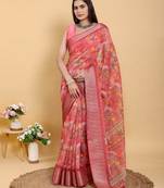 Pink printed art silk designer pallu saree