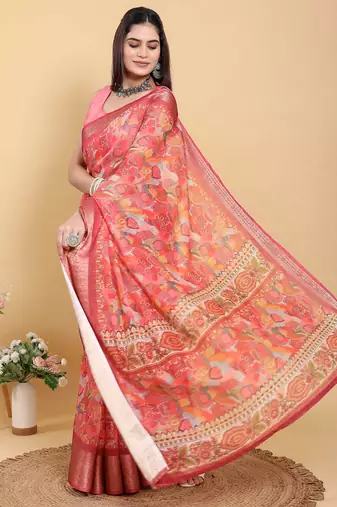 Pink printed art silk designer pallu saree