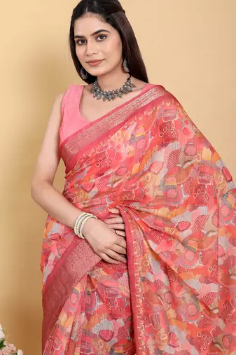 Pink printed art silk designer pallu saree