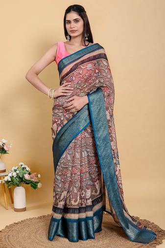 Brown printed art silk designer pallu saree