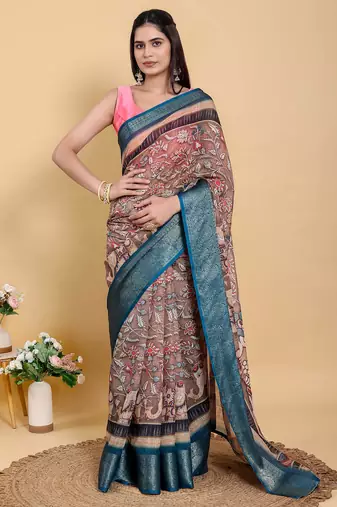 Brown printed art silk designer pallu saree