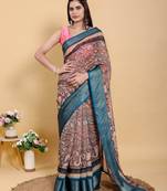 Brown printed art silk designer pallu saree