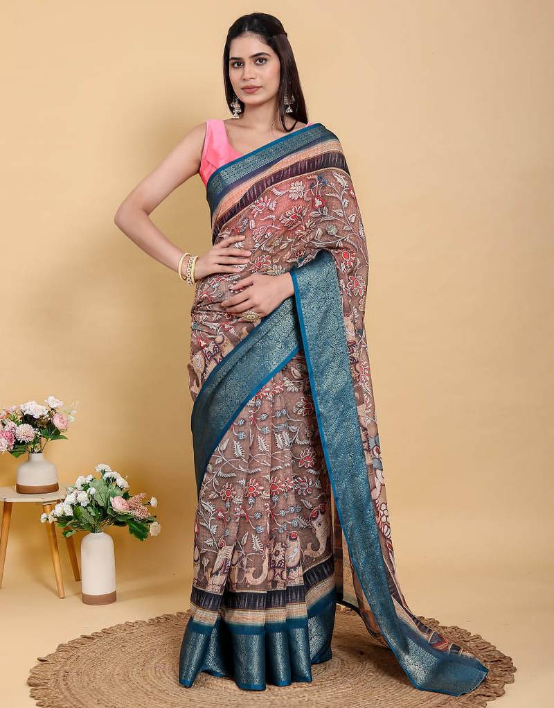 Brown printed art silk designer pallu saree