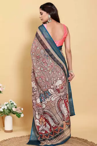 Brown printed art silk designer pallu saree