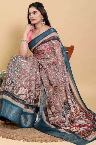 Brown printed art silk designer pallu saree
