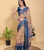Yellow printed art silk designer pallu saree