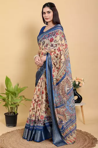 Yellow printed art silk designer pallu saree