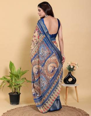 Yellow printed art silk designer pallu saree 3
