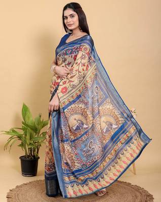 Yellow printed art silk designer pallu saree 4